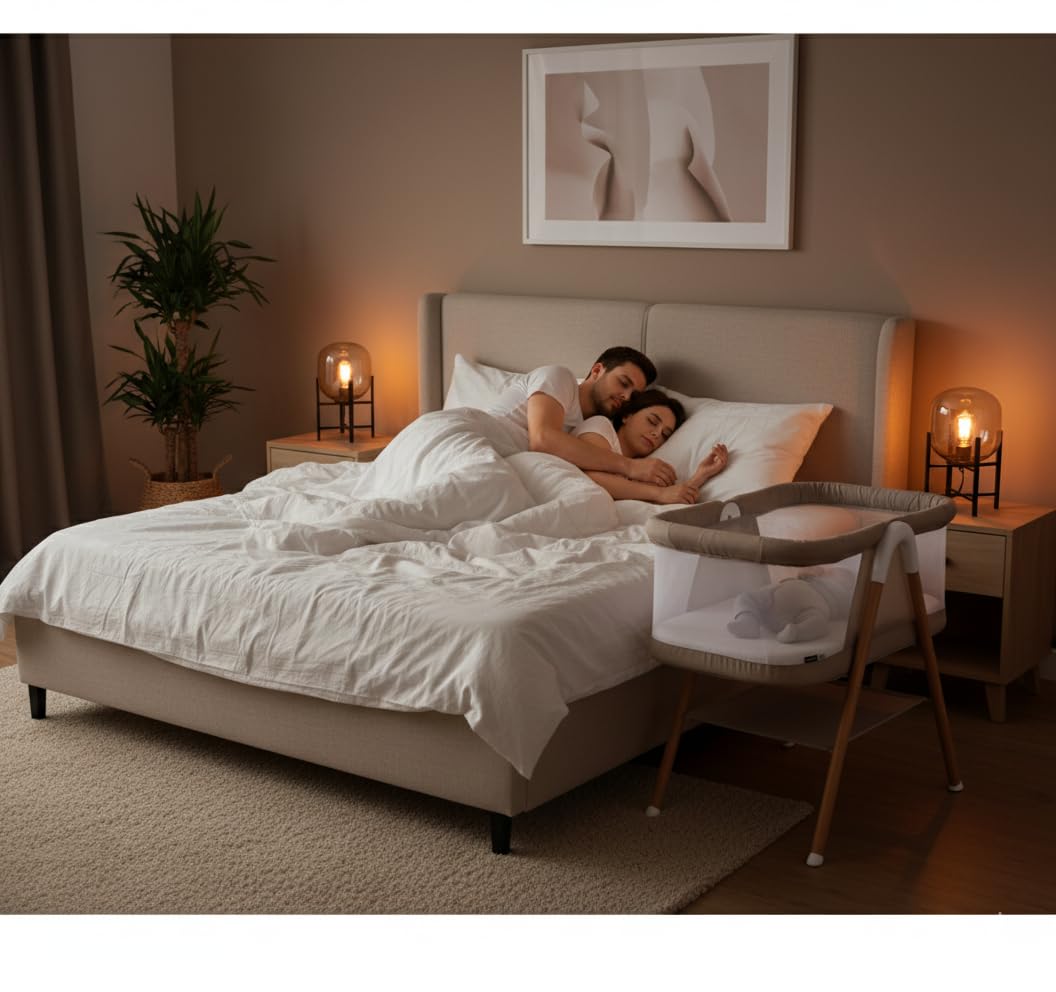Asalvo Nidus Mini-Berceau Cododo Bébé, Réglable en Hauteur, Structure Pliable, Matelas Inclus, Tissu Respirant, Berceau Cododo Sécurisé, Beige