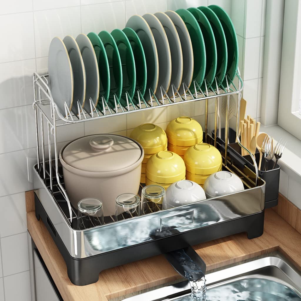 Organisateur de comptoir de Cuisine Égouttoir à Vaisselle de comptoir de Cuisine, égouttoir à Vaisselle Polyvalent à 2 Niveaux avec Support d'ustensiles de Drainage d'installation Facile