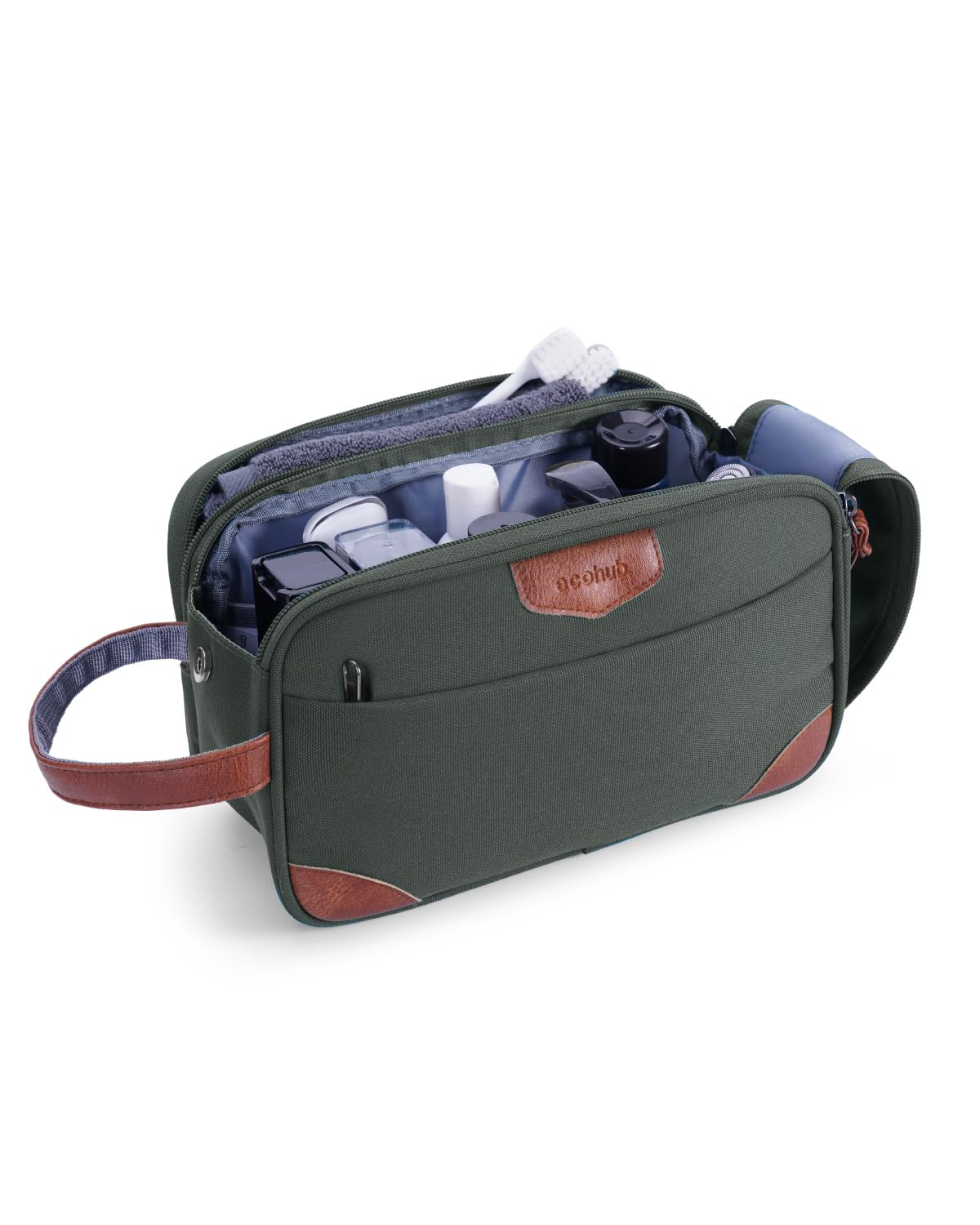 ECOHUB Reise Kulturbeutel für Herren, Wasserdicht Kulturtasche mit Groß Fach & Nassfach, Kosmetiktasche mit Doppelter Reißverschlussöffnung, PET-Recycelte Waschtasche, Toiletry Bag Männer(MilitärGrün)