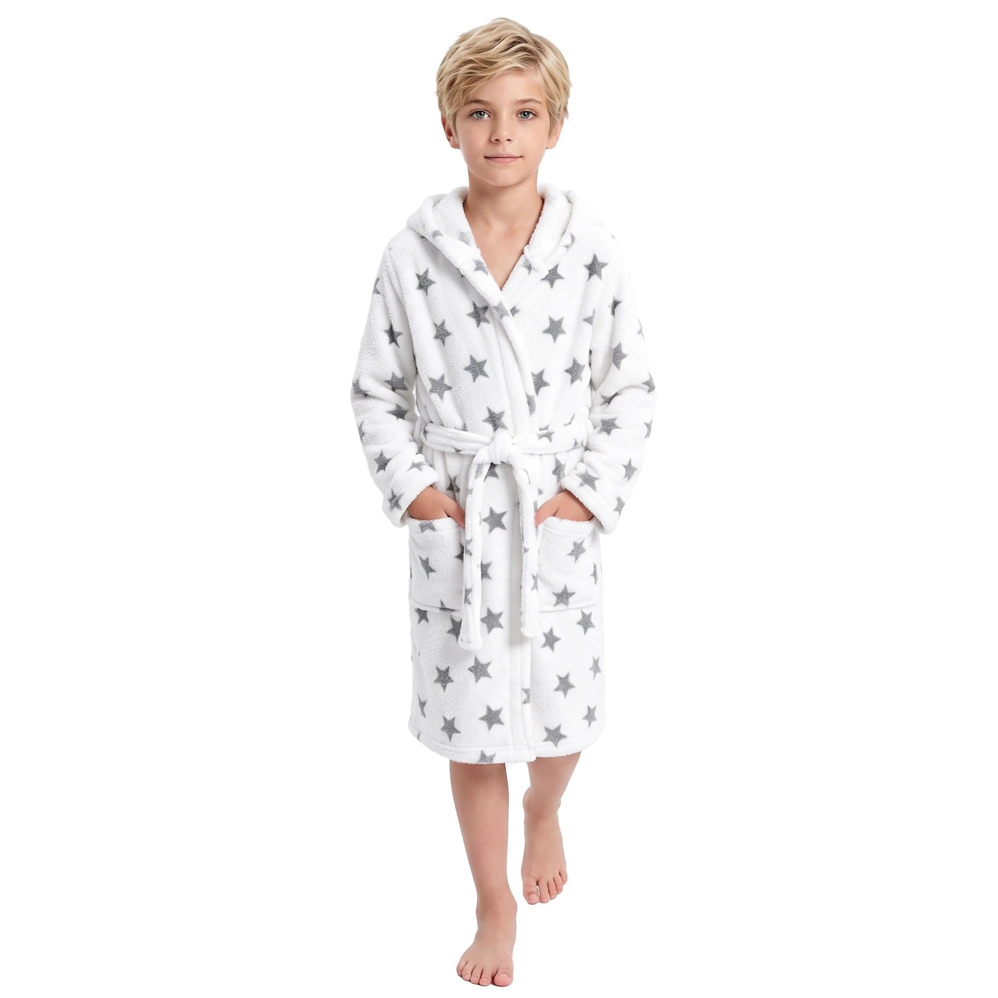 V.&amp;GRIN Boys Fleece Hooded Robe, Soft Print Bathrobe Kids 5-14(Gray Stars5-6)