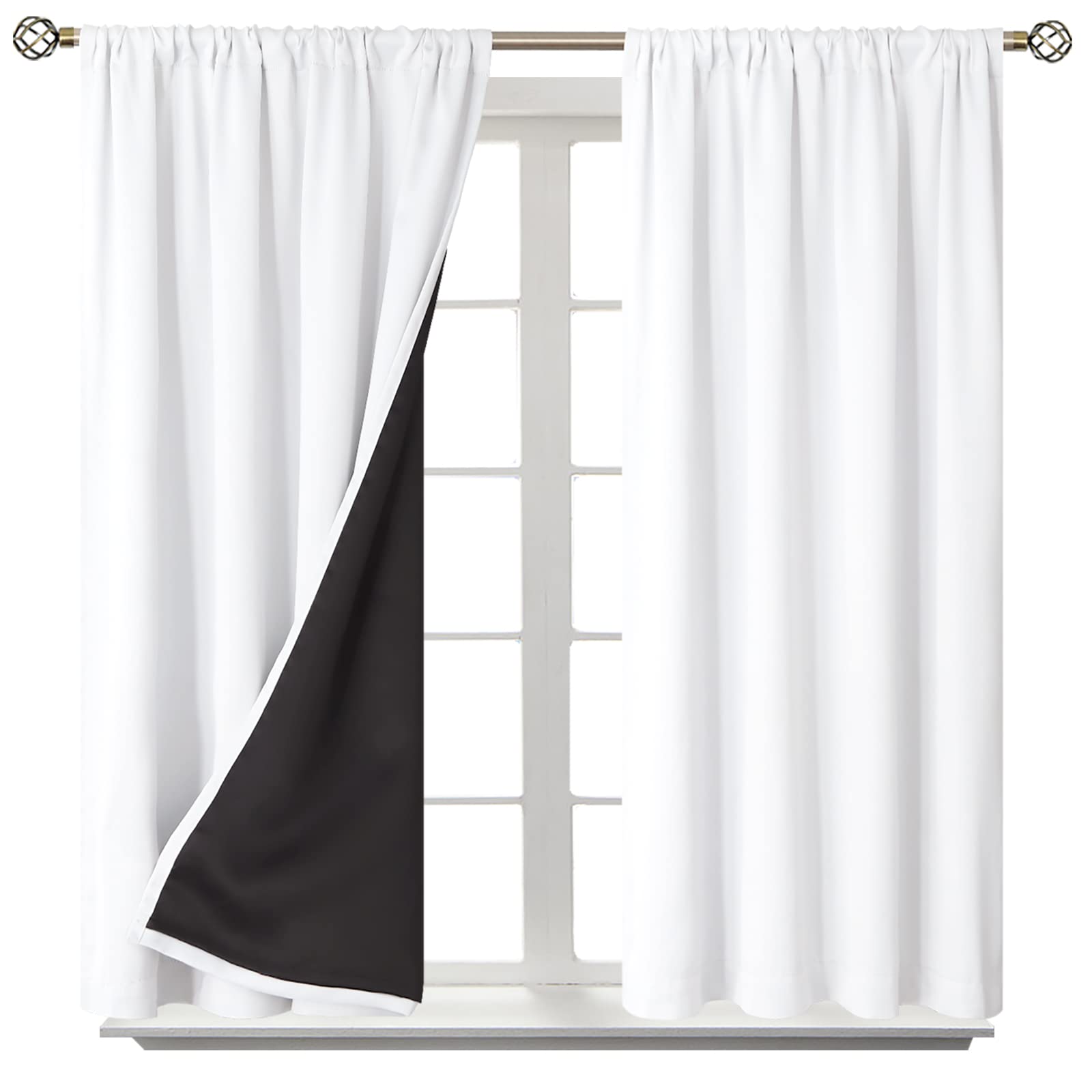 BGment Thermal Insulated 100% Blackout Curtains for Bedroom with Black Liner, Double Layer Full Room Darkening Noise Reducing Rod Pocket Curtain (52 x 45 Inch, Pure White, 2 Panels)