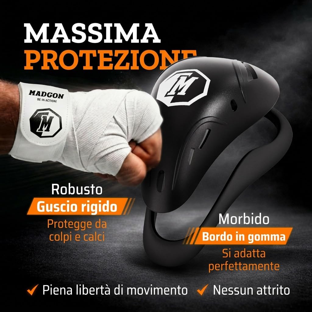MADGON Jockstrap Uomo vestibilità Perfetta – Sospensorio Uomo Ampia libertà di Movimento – Conchiglia Muay Thai Massima comodità – Vita Elasticizzata con Sacca Inclusa