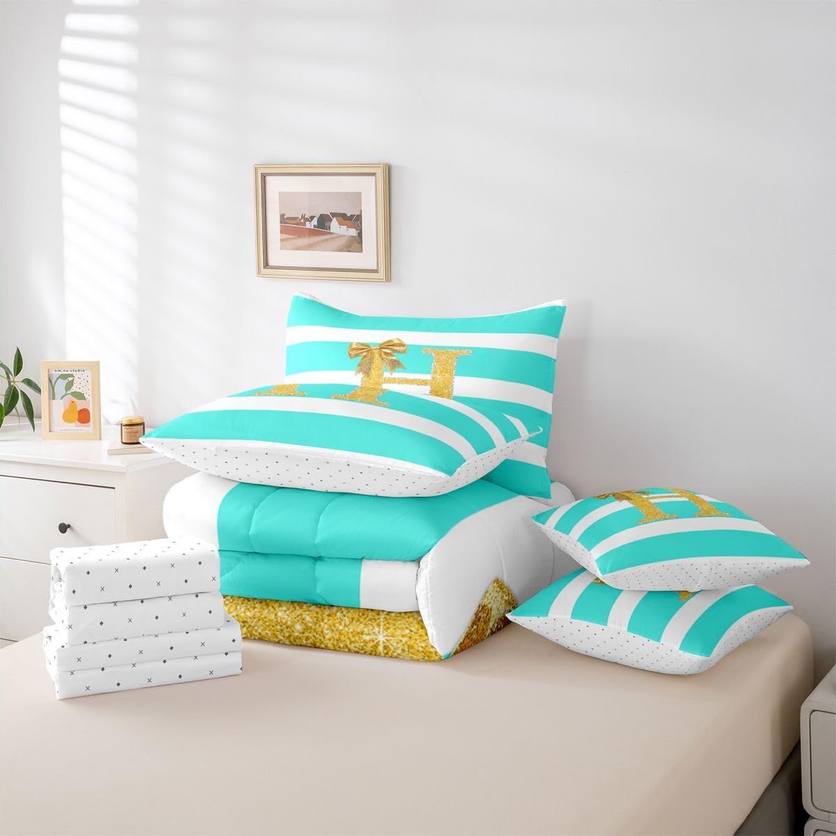 Erosebridal Monogram Letter H Sheet Set With Comforter Queen Size Golden Bowknot Girls 7 Piece Bedding Set Personalized Initial Stripes Comforter Sets Princess Bow Tie Bed In A Bag For Kid Teens Adult