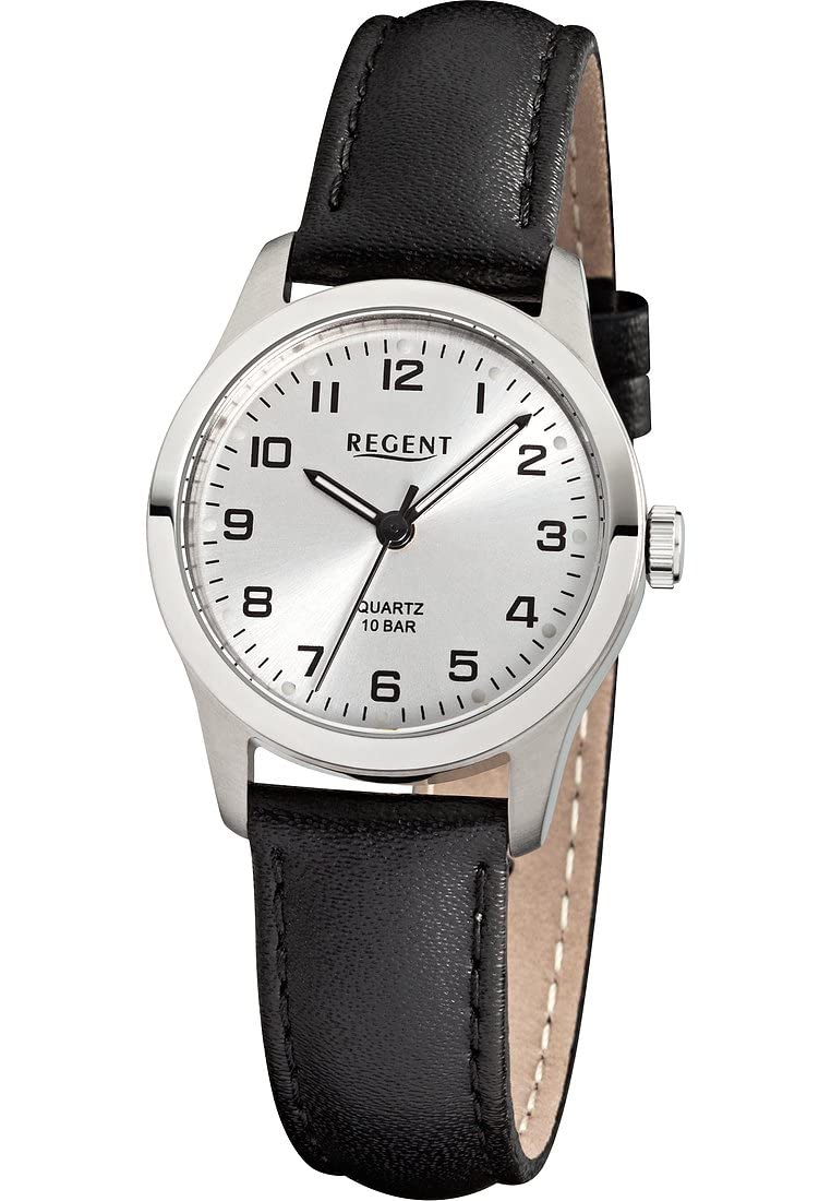 Regent Damen Armbanduhr aus Titan und Leder in der Farbe Silber-Schwarz 28mm, Wasserdichtigkeit: 10Bar, 12090287