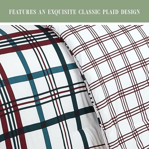 Image of Elegant Comfort 8-Piece Lodge Plaid Reversible Comforter Set - All Season Bed in a Bag, 4-Piece Sheet Set Featuring Smart Pockets, Matching Shams and Decorative Pillow, King /California King, Burgundy