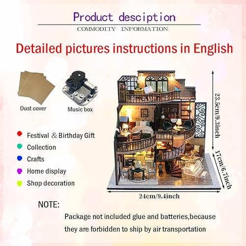 Miniatura 4 de SYCW Kit de muebles de madera en miniatura para casa de muñecas con cubierta antipolvo y caja de música, kit de casa de muñecas con luz LED, mini