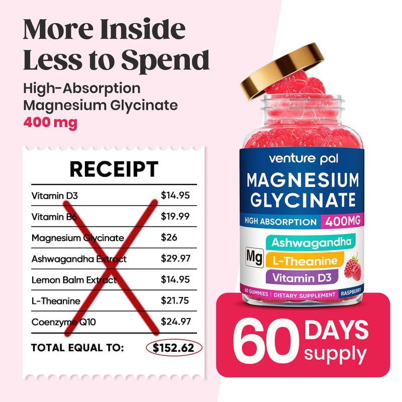 Miniatura 9 de 60 Day Supply - Gomitas de glicinato de magnesio de 400 mg con Ashwagandha, L-teanina, CoQ10, vitamina D3 y B6, gomitas de magnesio sin azúcar