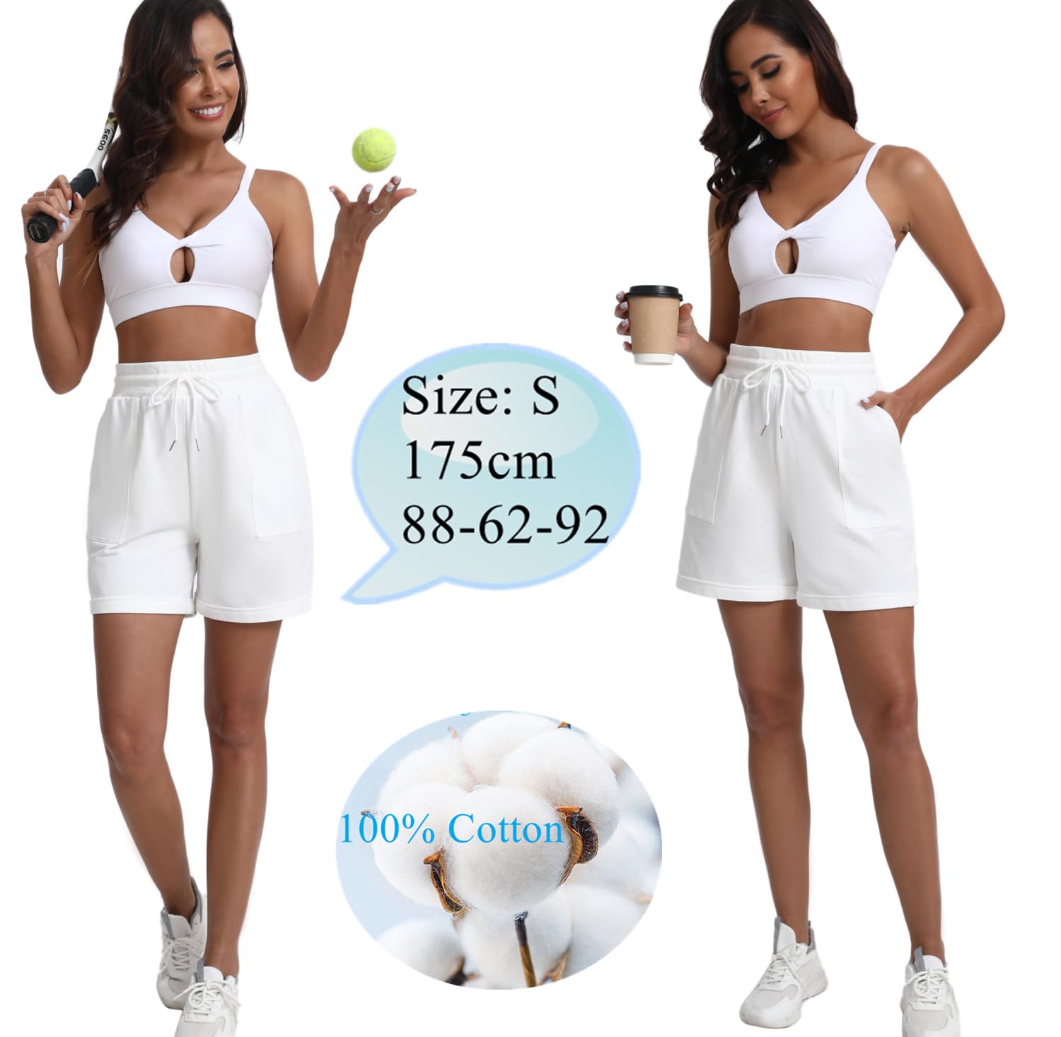 Shorts de Sport Femme 100% Cotton Pantalon Court Été Taille Haute Respirant Short avec Cordon Élastique et Poches pour Yoga Fitness Gym Jogging