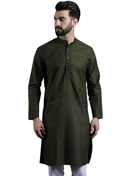 SOJANYA (Since 1958 Men’s Pure Cotton Checked Embroidered Long Kurta | Traditional for Diwali Celebrations