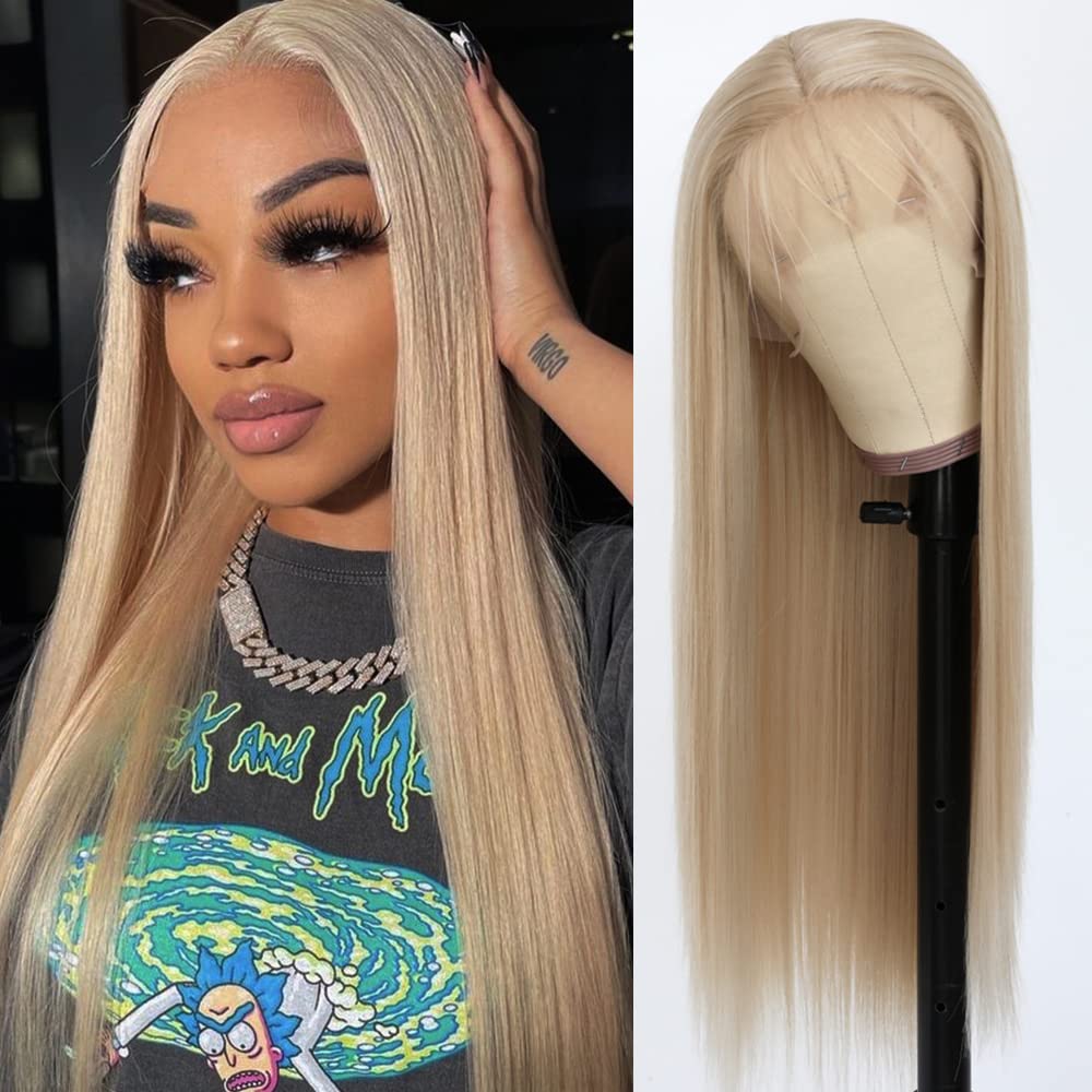 QD-Tizer Ash Blonde Hair Long Straight Synthetic Lace Front Wigs for Fashion Women Heat Resistant Natural Soft Hair Synthetic Lace Wigs with Baby Hair