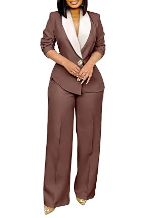 Womens 2 Piece Pants Suit Long Sleeve Lapel Deep V Blazer Wide Leg Pant Set for Business Casual