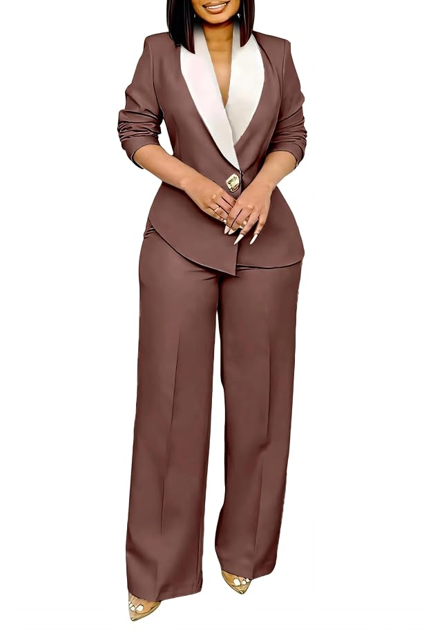 Womens 2 Piece Pants Suit Long Sleeve Lapel Deep V Blazer Wide Leg Pant Set for Business Casual
