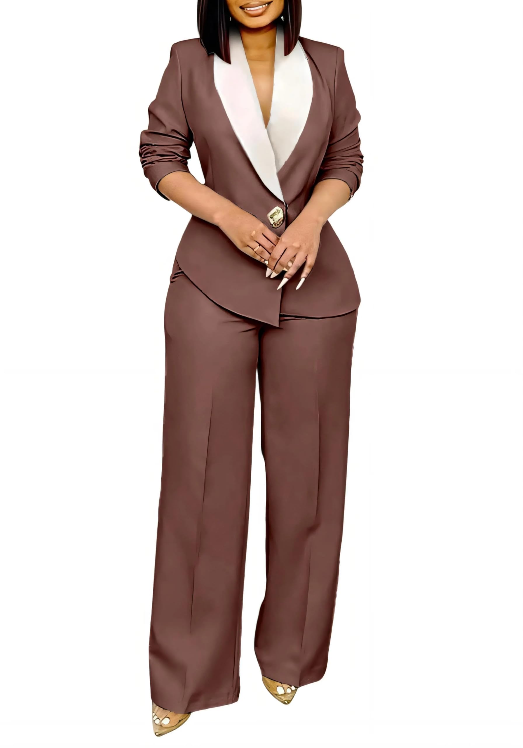 Womens 2 Piece Pants Suit Long Sleeve Lapel Deep V Blazer Wide Leg Pant Set for Business Casual