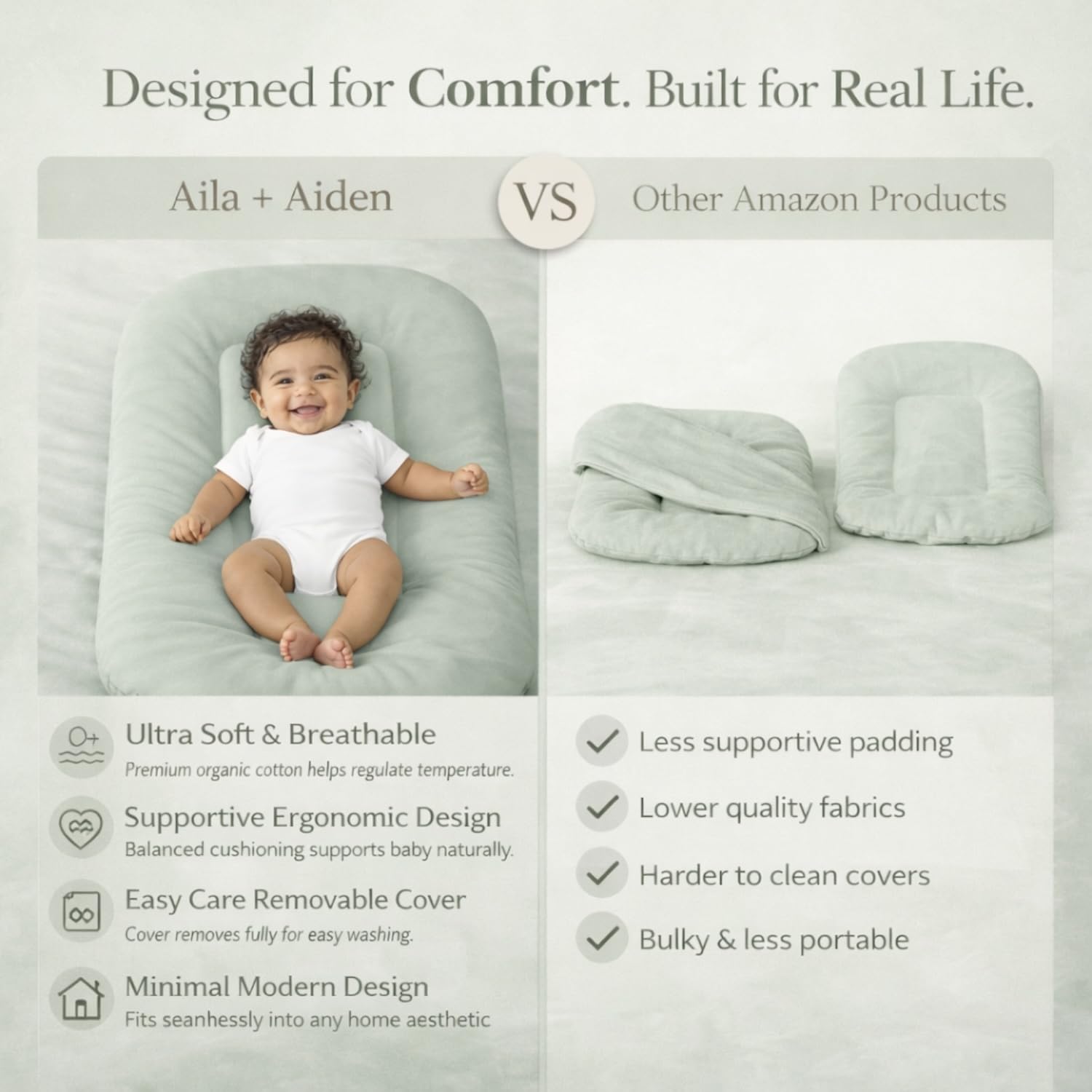 Aila + Aiden Baby Lounger | Organic Cotton Infant Lounger | Adjustable & Portable Floor Lounger | Supervised Use | Soft, Breathable, Washable Cover - Snuggle Collection - (Sage) - Image 5