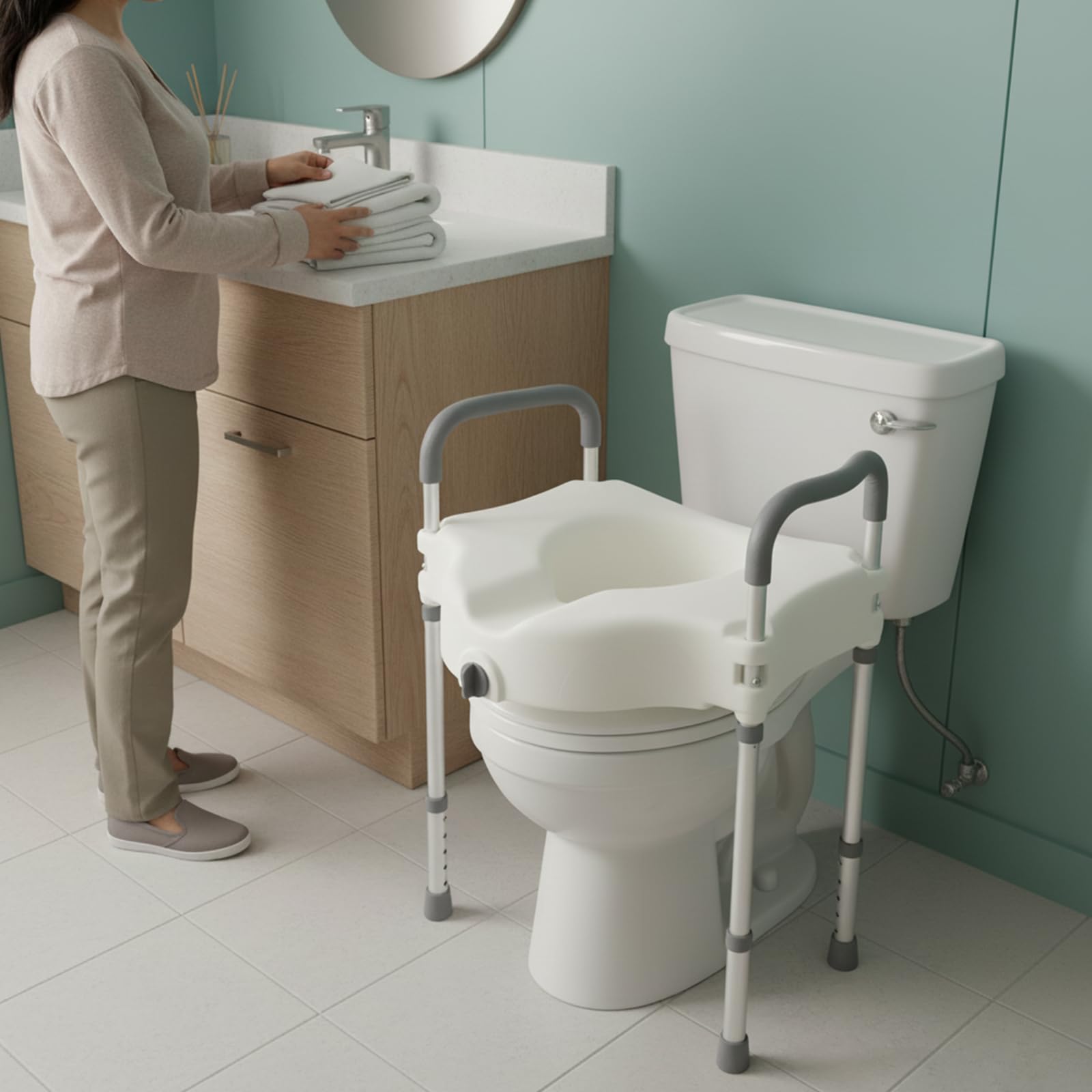 Asas de seguridad para inodoros para personas mayores, elevador de asiento de inodoro con reposabrazos, altura regulable, para baño privado
