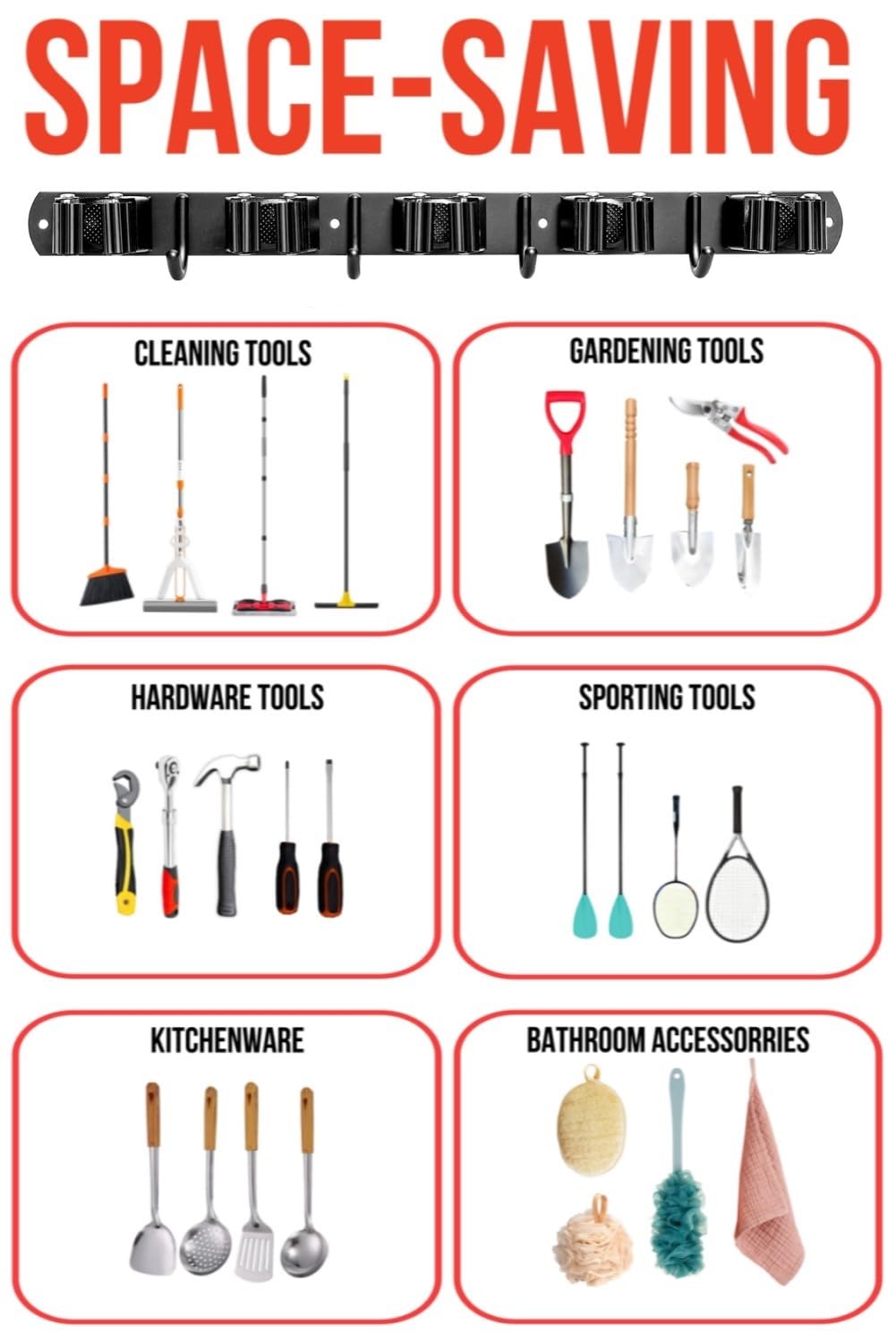 Soporte de pared para fregona y escoba, soporte de pared mejorado, organizador de escobas de acero inoxidable para armario, garaje, lavandería, cocina, decoración de pared (5 estantes, 4