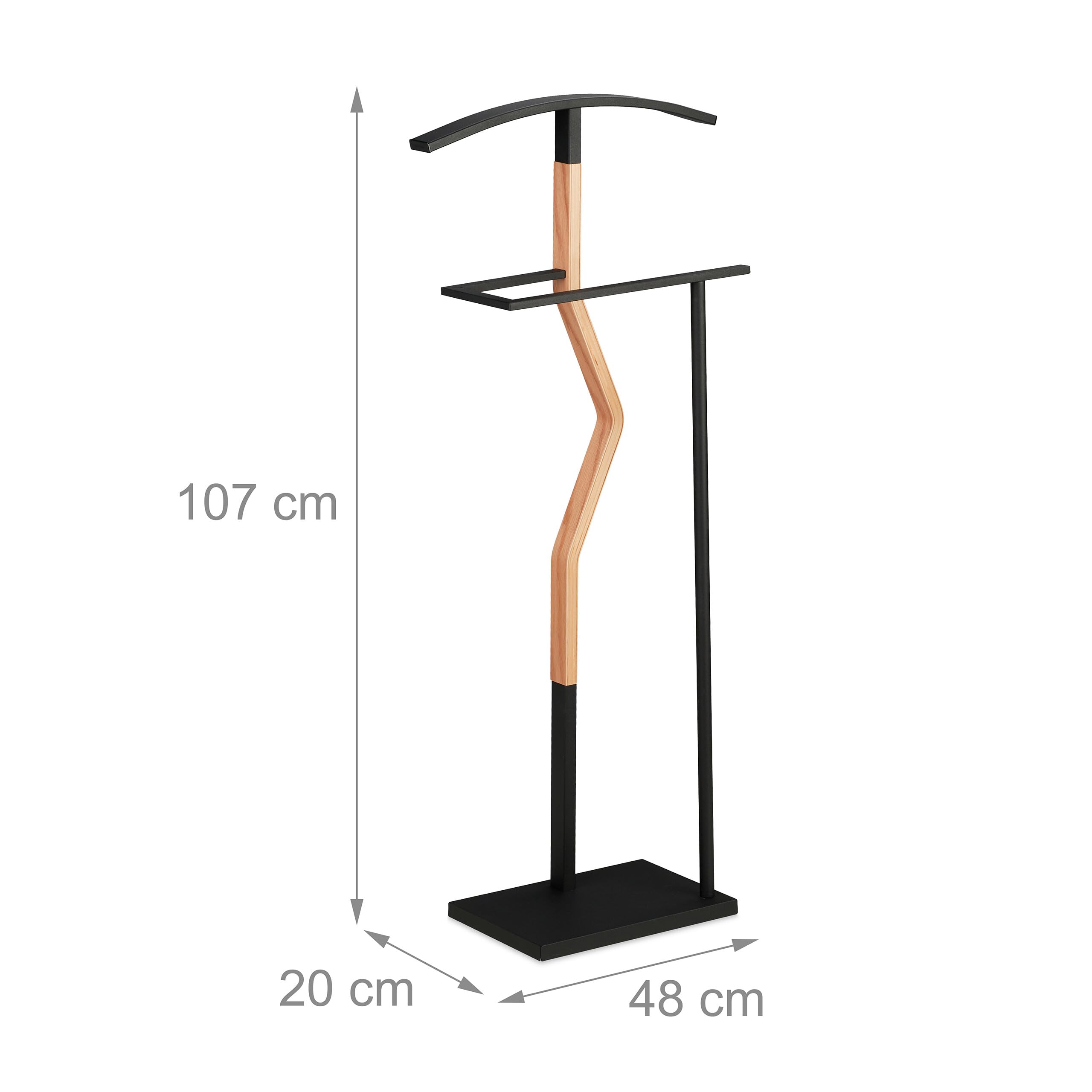 Relaxdays Servo Muto da Camera, Appendiabiti da Terra per Giacca e Pantalone 107x48x20 cm, Acciaio e MDF, Nero Marrone