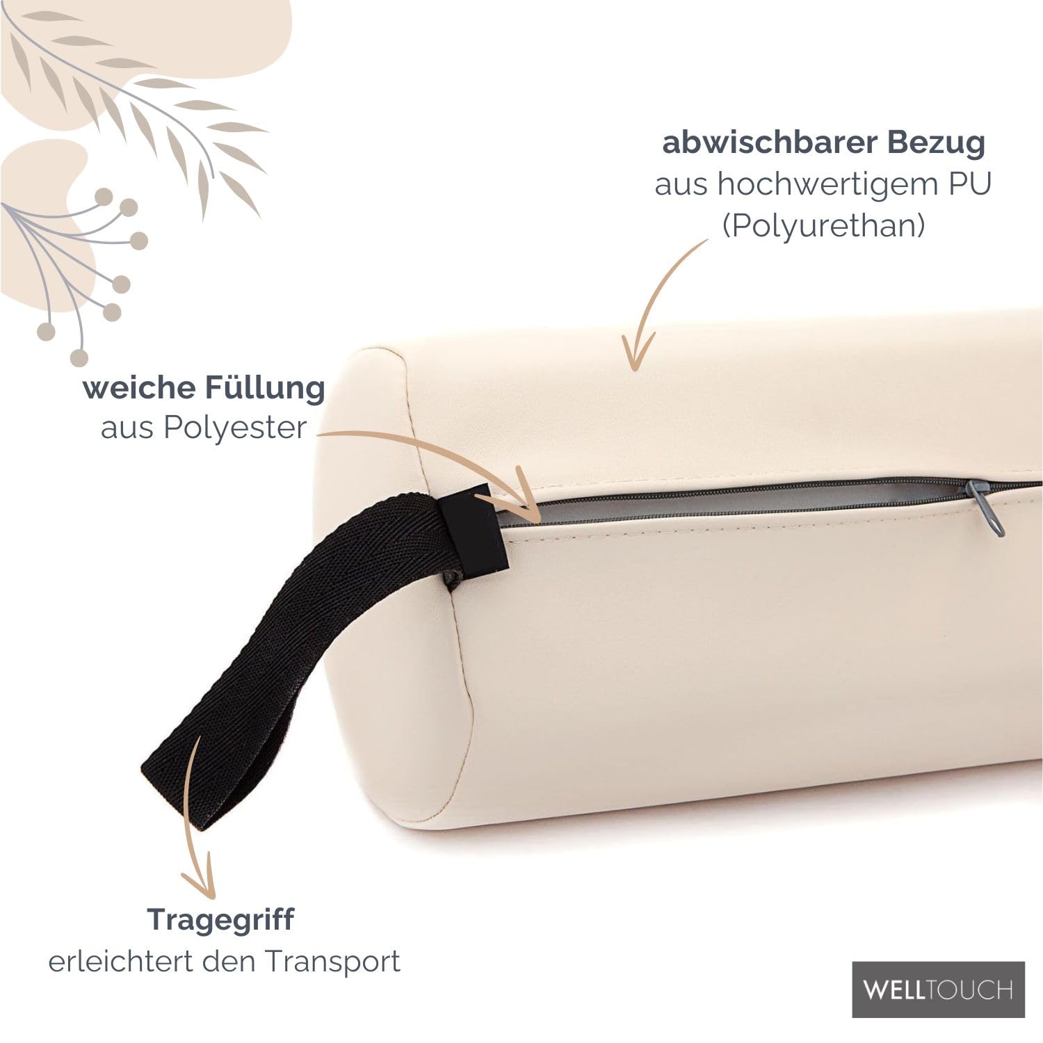 WellTouch Lagerungsrolle 3/4 Rund | Knierolle für Massageliegen | Lagerungskissen für Massage & Therapie | Beinauflage in Größe M: 65 x 14,5 x 13 cm (beige)