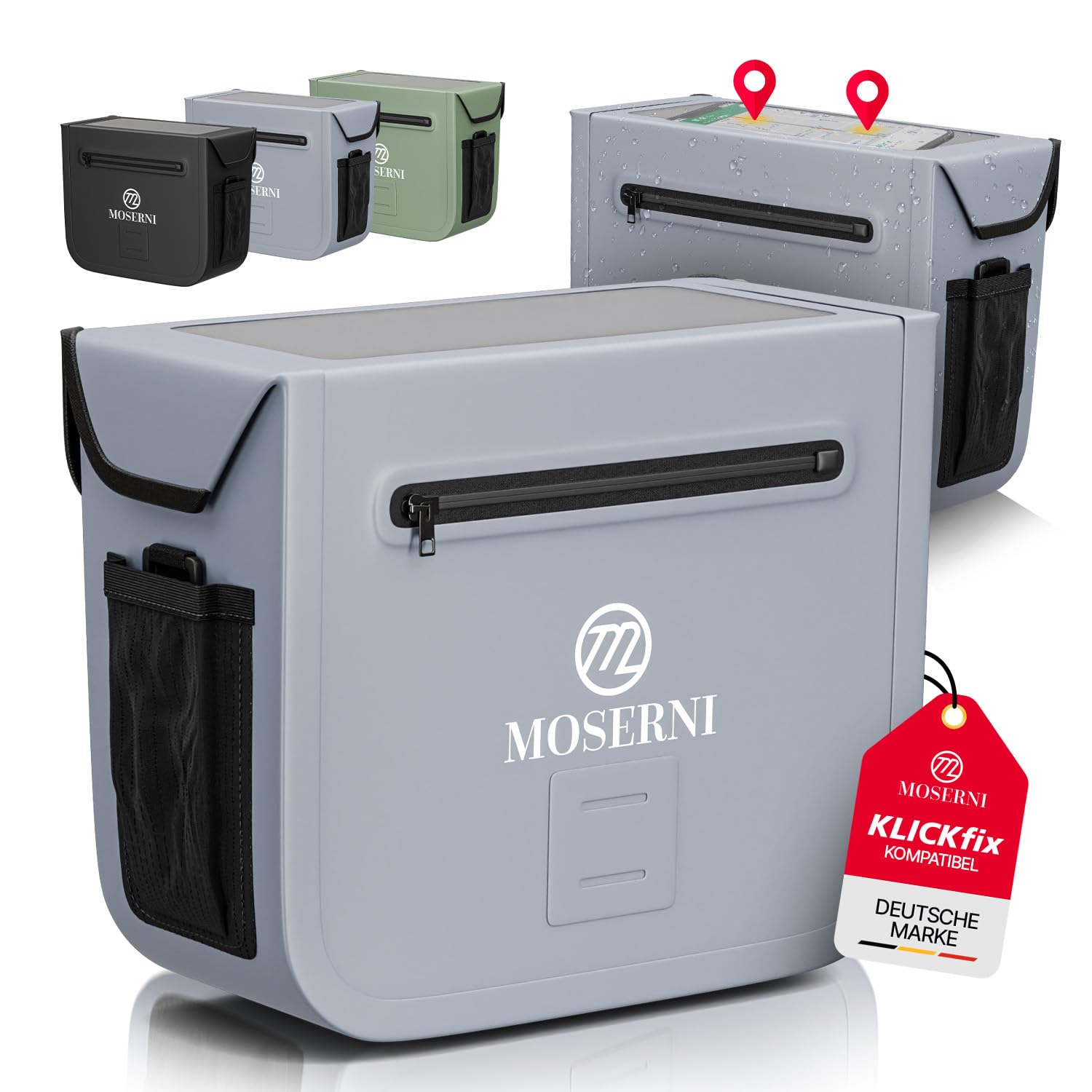 MOSERNI® x KLICKfix® waterproof handlebar bag | 7L volume | magnetic closure | touch mobile phone compartment | KLICKfix-compatible | for e-bike, MTB & city bike (Gray)