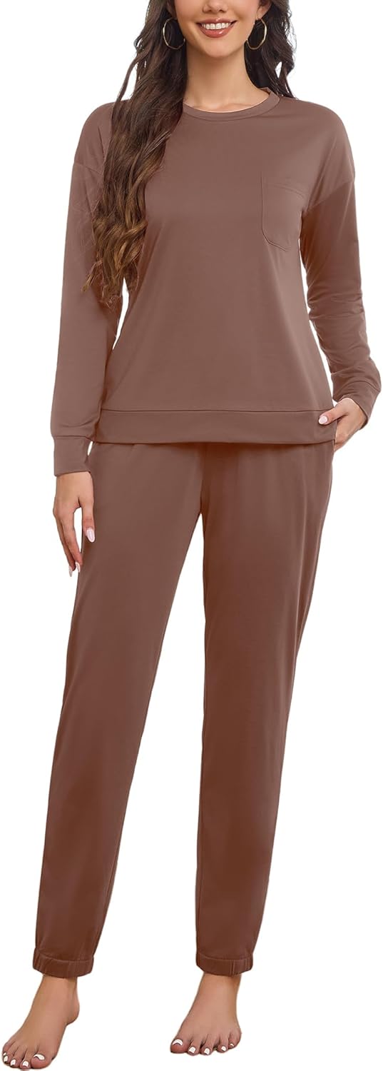 LOCUBE Women's Fleece Pajama Set - Soft Long Sleeve Top & Drawstring Lounge Pants with Pockets, Cozy Winter Loungewear