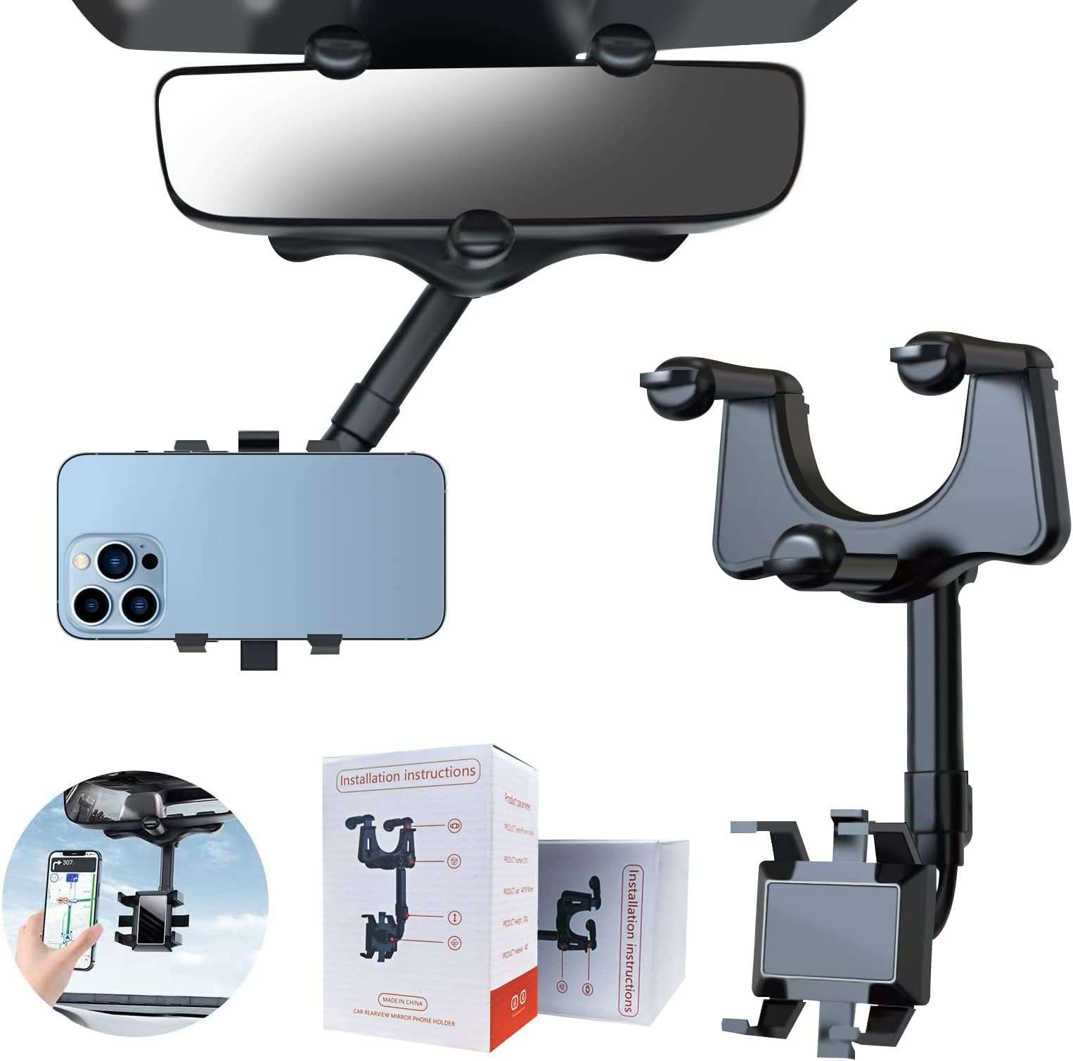 CQLEK® Rearview Mirror Phone Holder for Car Rotatable and Retractable Car Phone Holder