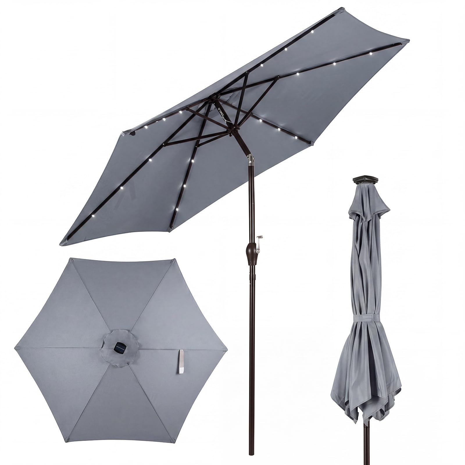 COSTWAY 2.3M/2.7M Lighted Garden Parasol, Outdoor Heavy Duty Umbrella with Tilt, 18 LED Lights, Crank Handle and Vented Canopy, Outdoor Sun-protective Canopy Market Table Umbrella (Grey+Black, 2.7M)