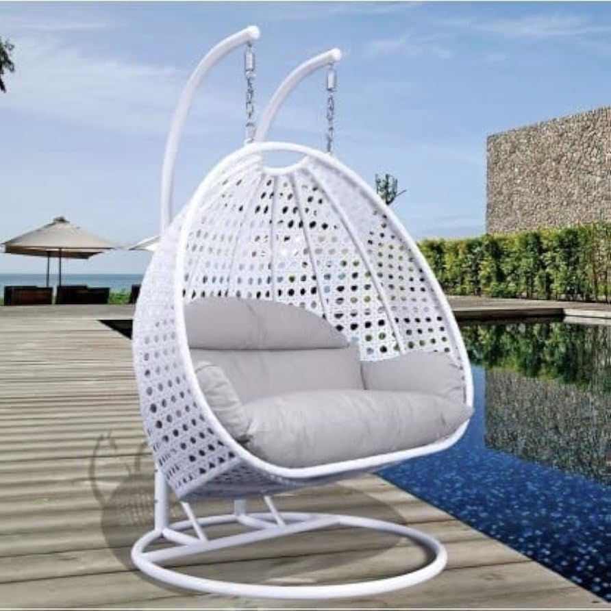 Image of Double Seater Hammock Swing Chair with Stand & Cushion | Heavy Duty Powder Coated Steel Frame | Outdoor Indoor Hanging Swing for Patio Balcony Garden Terrace Living Room (White-Grey)
