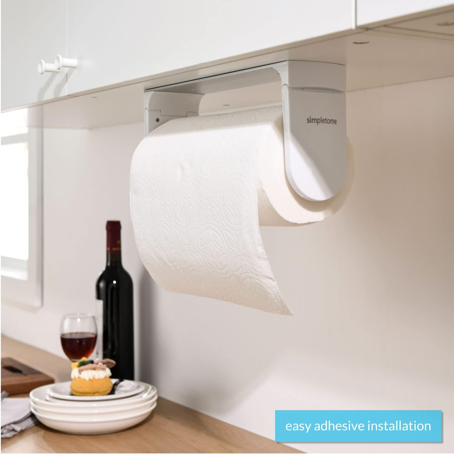 simpletome ONE Hand Tear Paper Towel Holder Under Cabinet Adhesive or Drilling Installation Aluminum Alloy + ABS (White) - Image 3