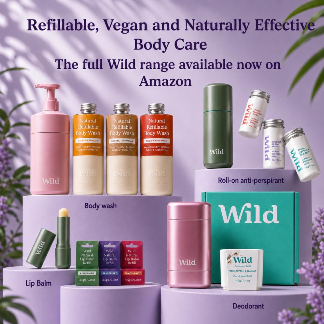 Wild - Deodorante Naturale Ricaricabile - Astuccio Viola con Varie Ricariche - Incluse Cotton & Sea Salt, Cherry Blossom, Coconut & Vanilla, Mint & Aloe Vera, Ocean Mist