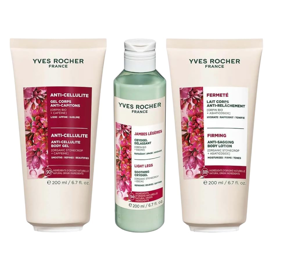 Yves Rocher Anti-Cellulite Moisturizing Gel Firmness Skin Soothing Foot Cryogel and Anti Sagging Body Lotion Set of 3 200ml / 6.7 fl oz Best Gift Kit