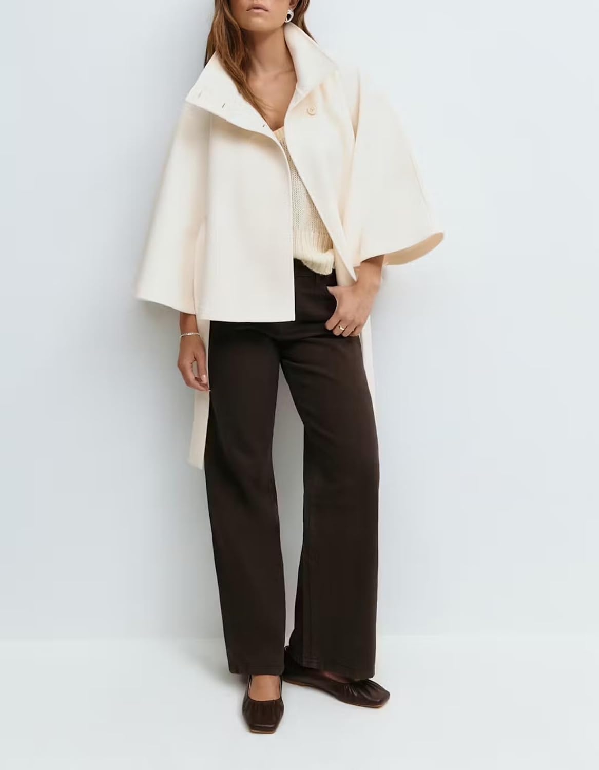 Womens Batwing Sleeve Poncho Pea Coats Elegant Stand Collor Capes Jacket Cloak Belted Fall Trendy Casual Outerwear - Image 6