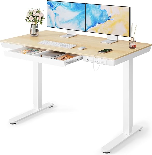 Marsail Glass Electric Standing Desk with Drawers, Adjustable Height Sit Stand Desk