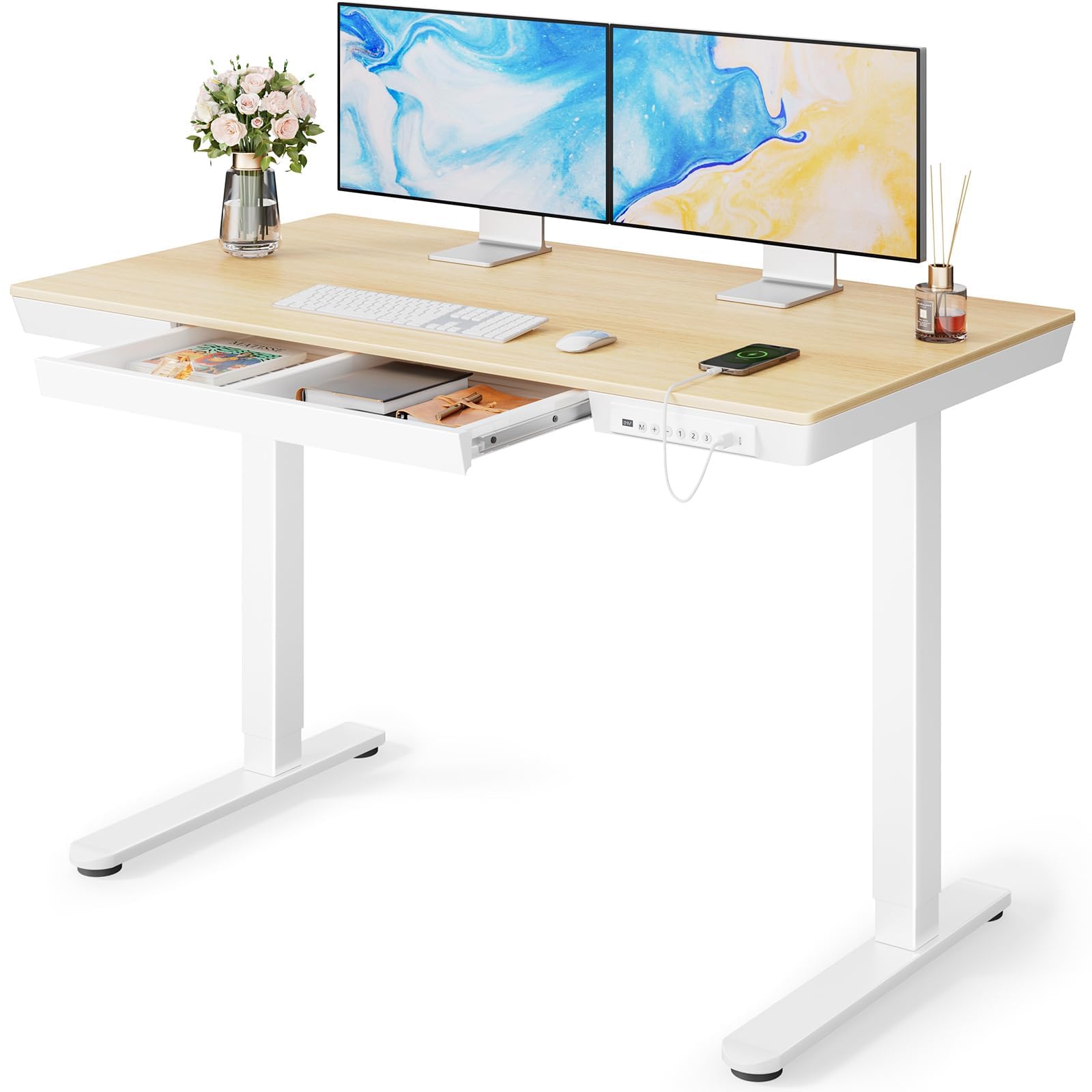 Marsail Electric Solid Standing Desk, 48 x 24 inch Standing Desk with Drawer, Sit Stand Desk with Tabletop & USB Charging Ports, Height Adjustable Desk with Storage for Home & Office Natural