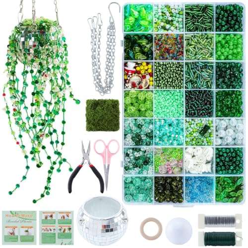 BINBE Green Glass Beads Plant Kit Forever Plant Beaded Flower Leaf Beads for Succulent Plant with Plant Pot Jewelry Making and DIY Crafts