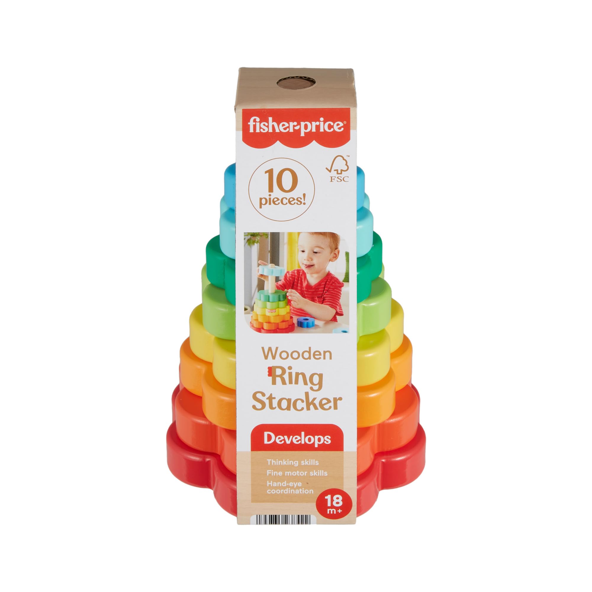 Fisher-Price Drewniana piramidka Kolorowe kwiatki Zestaw z 10 elementami do zabawy w układanie Zabawka drewniana dla dzieci od 18 miesiąca życia, HXT77
