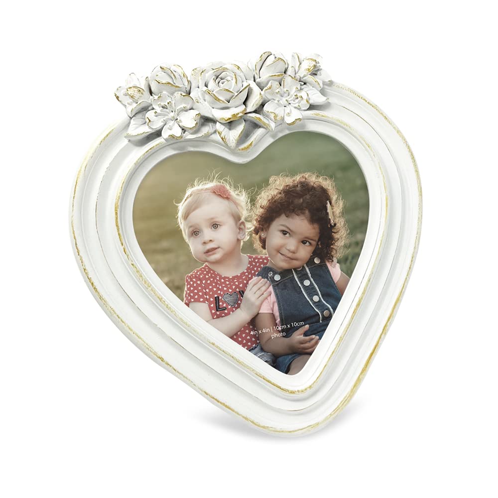 Isaac Jacobs 4x4 Heart-Shaped Resin Picture Frame with Rose Design, Decorative Photo Frame, Tabletop & Wall Display, Hanging Display & Home Décor (White With Gold)