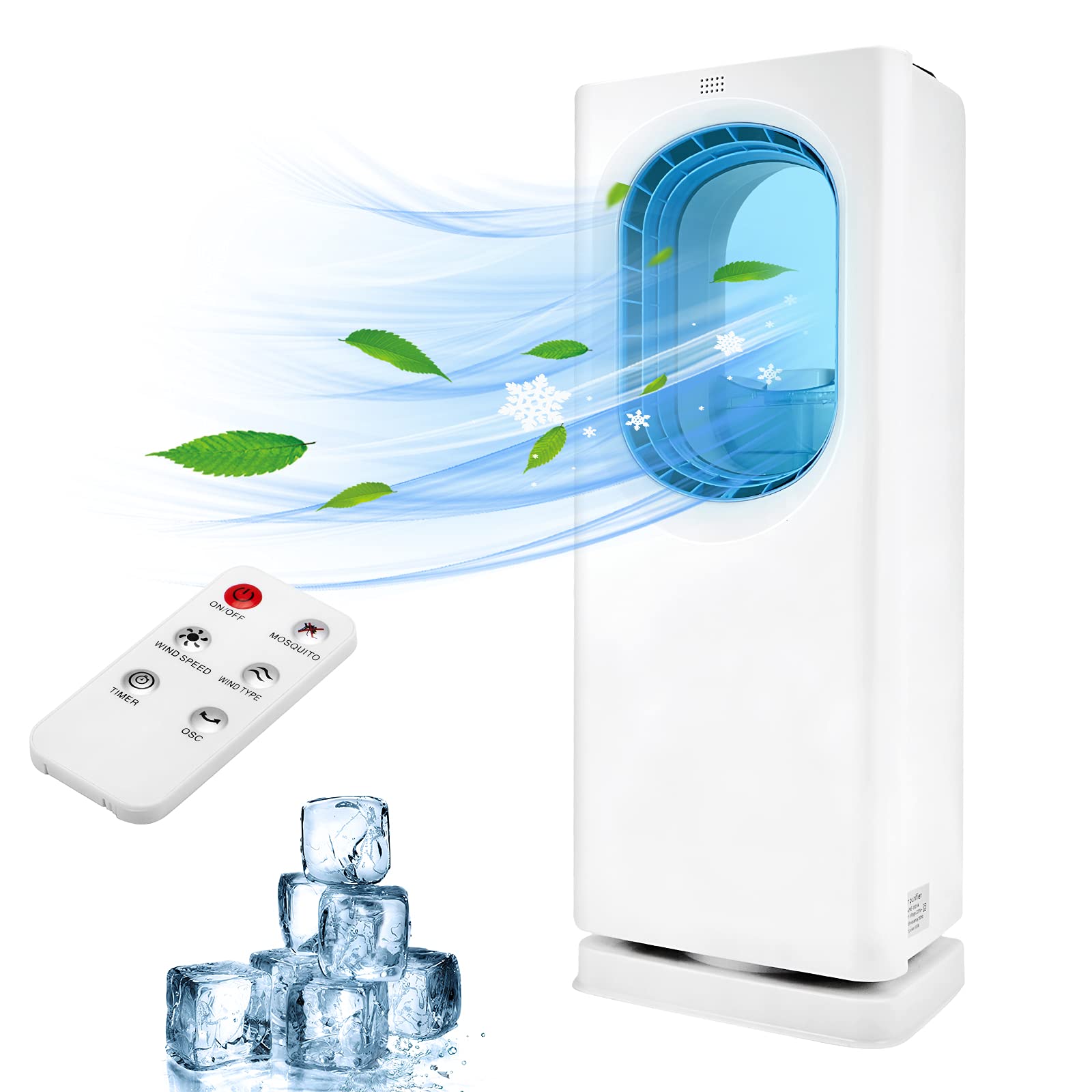 4 en 1 Enfriador de aire evaporativo, Climatizador portátil, ventilador sin aspas, humidificador, purificador de aire, temporizador de 8 horas, 3 modos, control remoto, para oficina y hogar