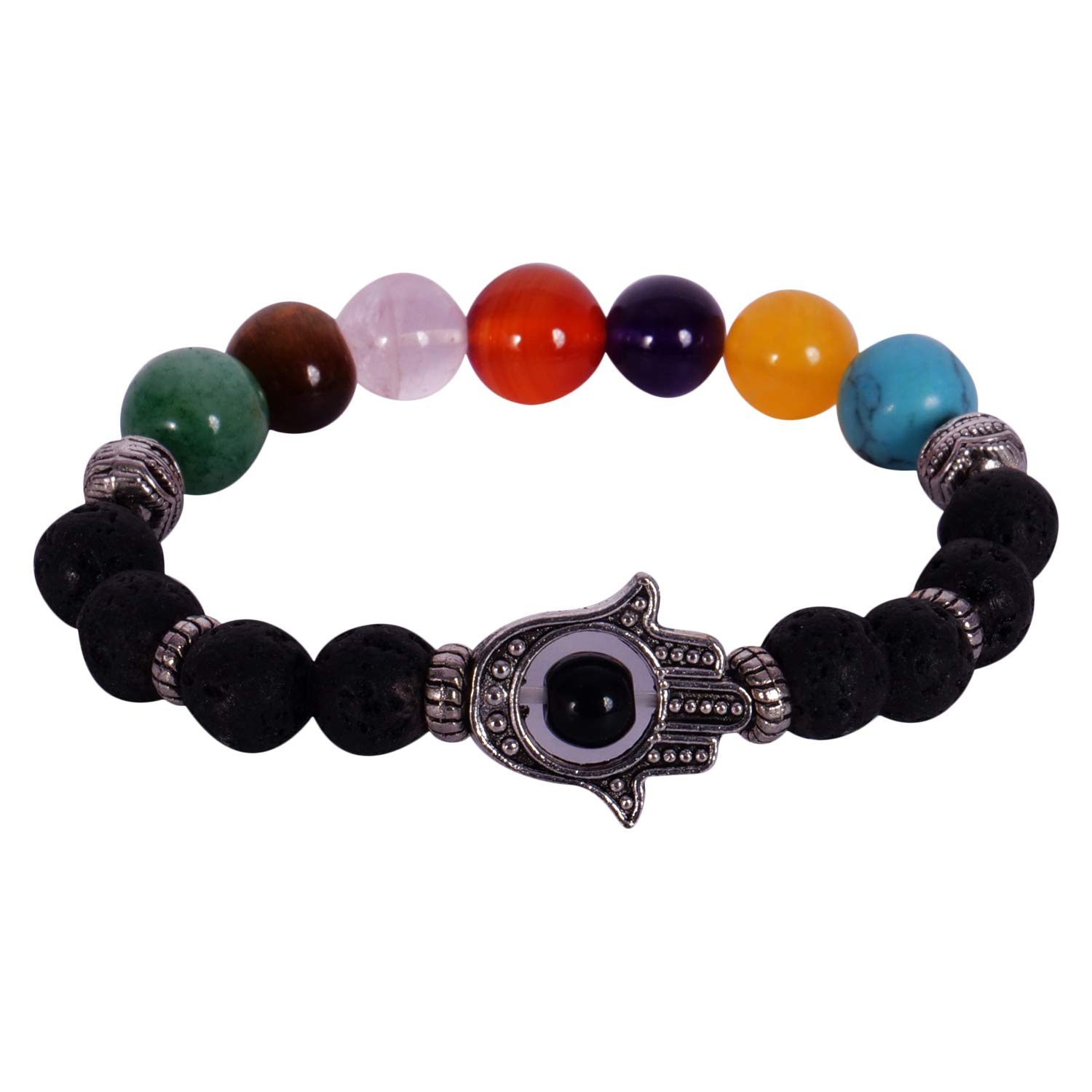 Original 7 Chakara beads with Lava Beads and Evil Eye bracelet Red/Yellow/Green/Blue/Purple/Skyblue Bracelet round stone Free size elastic Natural Healing Energy BRC-025
