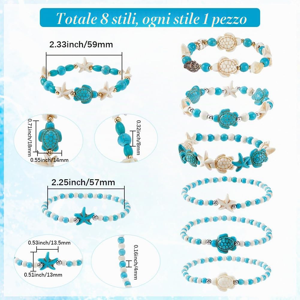 SUNNYCLUE 1 scatola 8 pezzi 5 stili Braccialetti Turchesi per Donne Braccialetti Oceano per Donne Alla Moda Turchese Sintetico Multistrato Bianco Blu Tartaruga Mare Spiaggia Set di Gioielli con Perlin