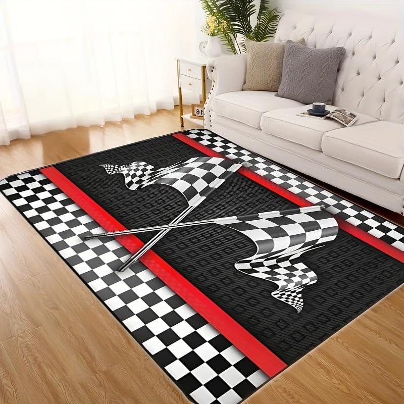 Bycmuoz Racing Car Area Carpet, 180x260cm, Race Track Black White Flag Kids Playmats, Cozy Soft Thin Easy Clean Carpets, with Non Slip Backing Washable Rug for Indoor Floor
