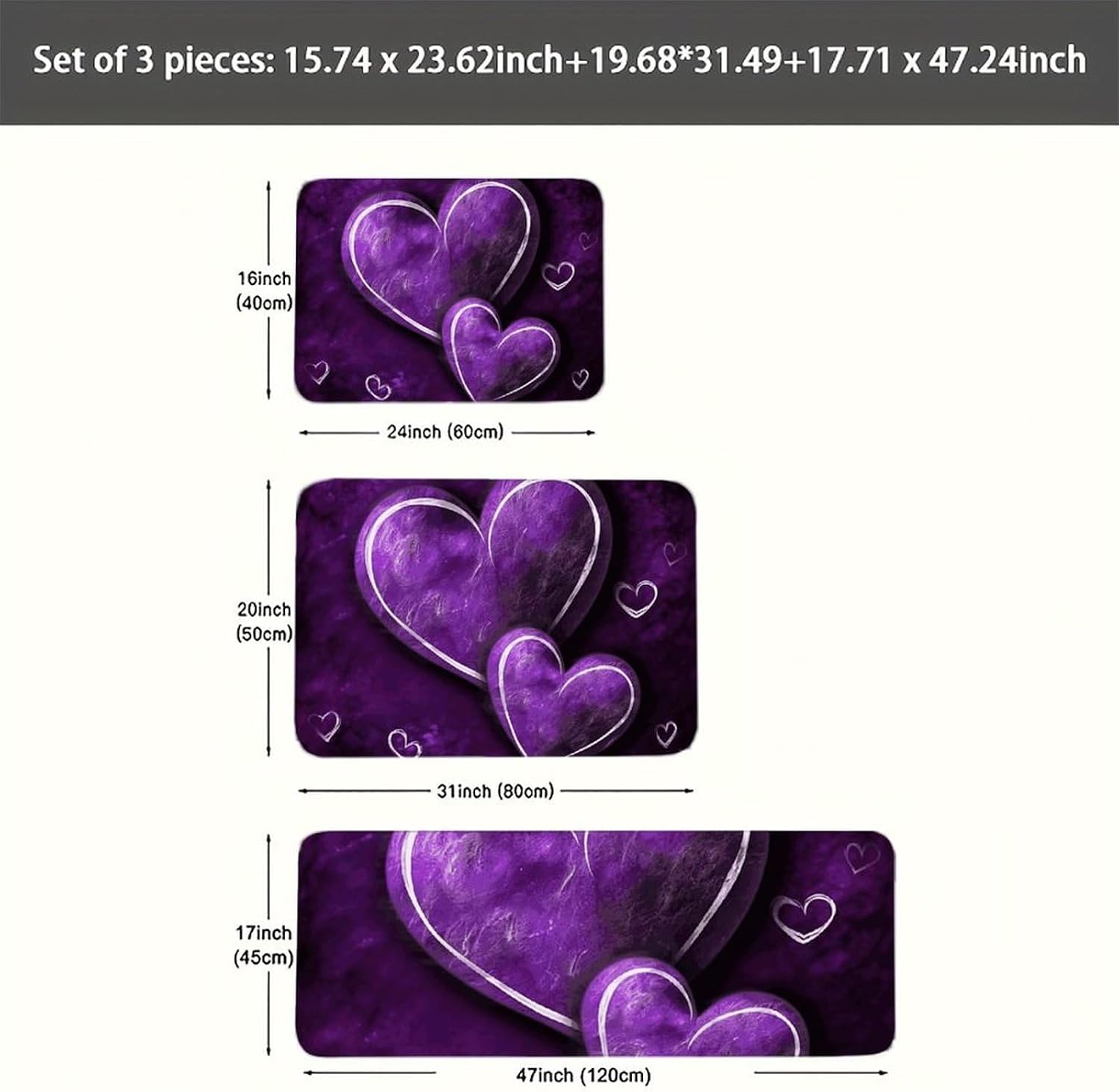 Purple Hearts Kitchen Mats for Floor 3 Pcs Kitchen Rugs