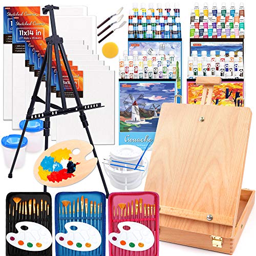 170 Pcs Artist Painting Set, Shuttle Art Deluxe Art Set with Paint, Aluminum and Wooden Easels, Canvas, Paper Pads, Brushes and Other Art Supplies, Complete Painting Kit for Adults, Kids and Artists