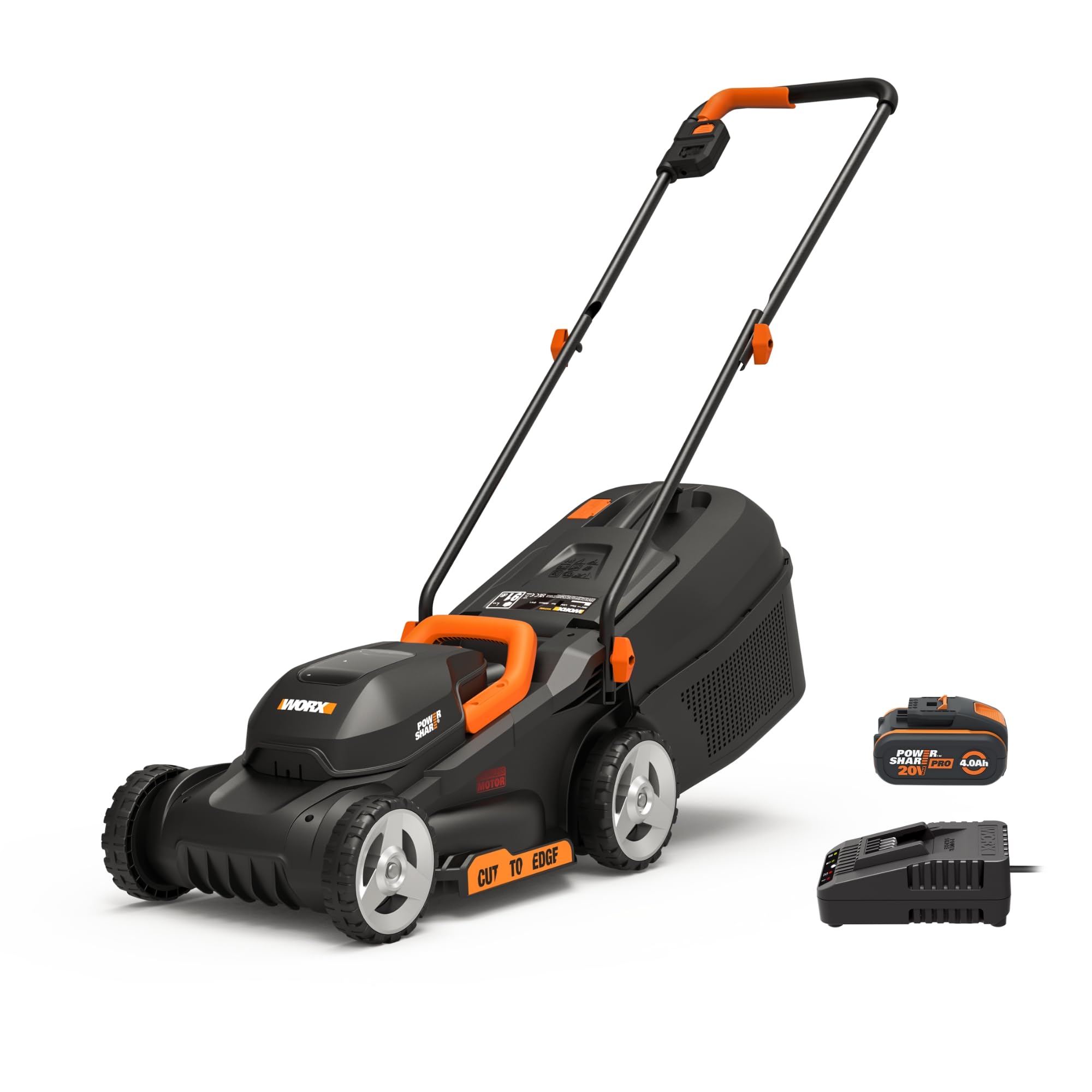 WORX WG730E Akku-Rasenmäher 20V - kraftvoller bürstenloser Motor - ideal für Gärten bis zu 200m² - 30cm Schnittbreite - Cut-to-Edge - 3 einstellbare Schnitthöhen - inkl. 4Ah Akku & Ladegerät