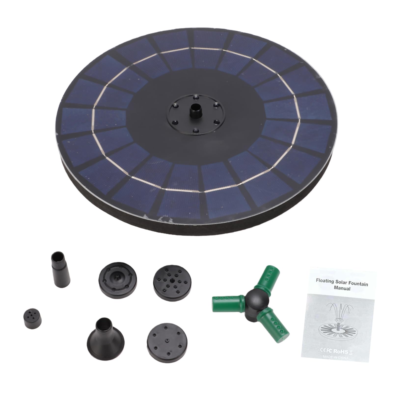 Fuente de Energía Solar, con Batería de 1500 MAh, Panel de Vidrio de 23 Cm, Altura de Rociado de 60 Cm, 7 Boquillas, Luces LED Que Cambian de Color para Jardín, Estanque, (6W Diámetro 23CM)