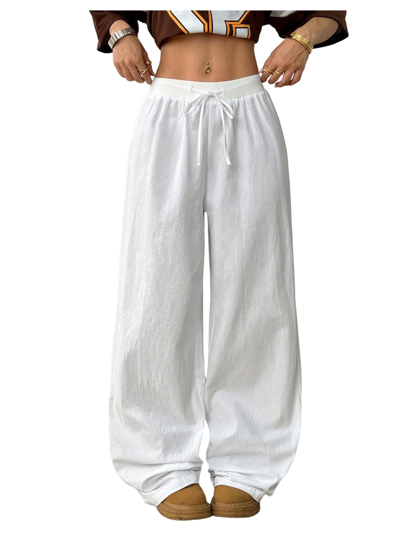 Floerns Womens Wide Leg Drawstring Baggy Pants Elastic Waist Casual Loose Trousers