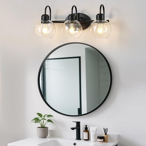 Miniatura 3 de Lámparas de tocador de baño de 3 luces, apliques de pared de baño negro mate, lámparas de pared modernas con pantallas de vidrio transparente,