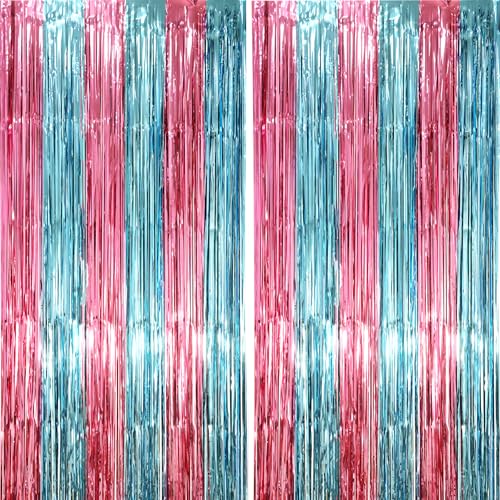 Image of Voircoloria 2 Pack Blue and Pink Foil Fringe Backdrop Curtains, Tinsel Streamers Mermaid Party Decorations, Fringe Backdrop for Mermaid Birthday, Baby Shower, Gender Reveal, Disco, Graduation Party