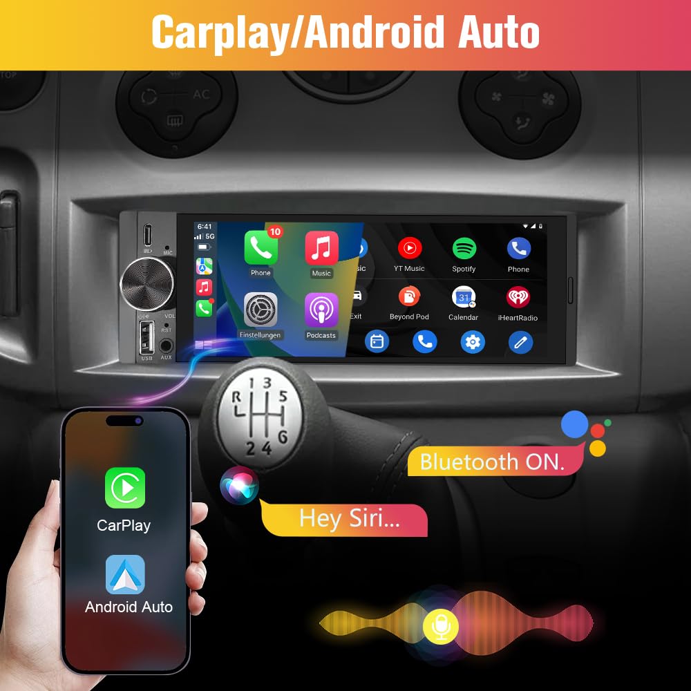 AWESAFE Autoradio Carplay 1 DIN avec Écran Tactile HD 6,36" | CarPlay & Android Auto sans Fil | Bluetooth 5.0 | FM | USB Type-C | Commande Vocale | avec Caméra de Recul