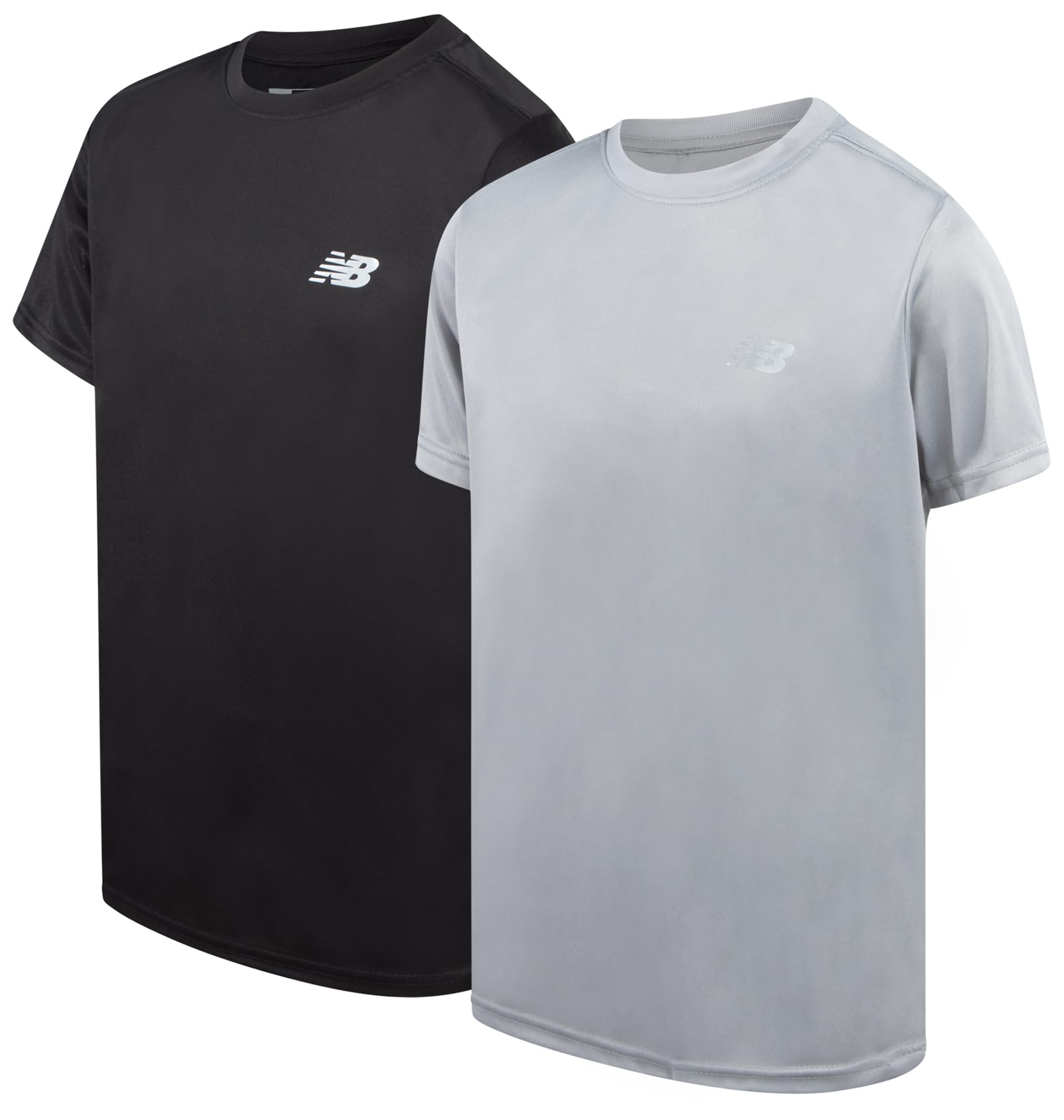New Balance Boys Tshirts - 2 Pack Crewneck Short Sleeve Boys Athletic Shirts Dry Fit Kids Activewear (Sizes: 8-20) Light Grey / Black 10-12