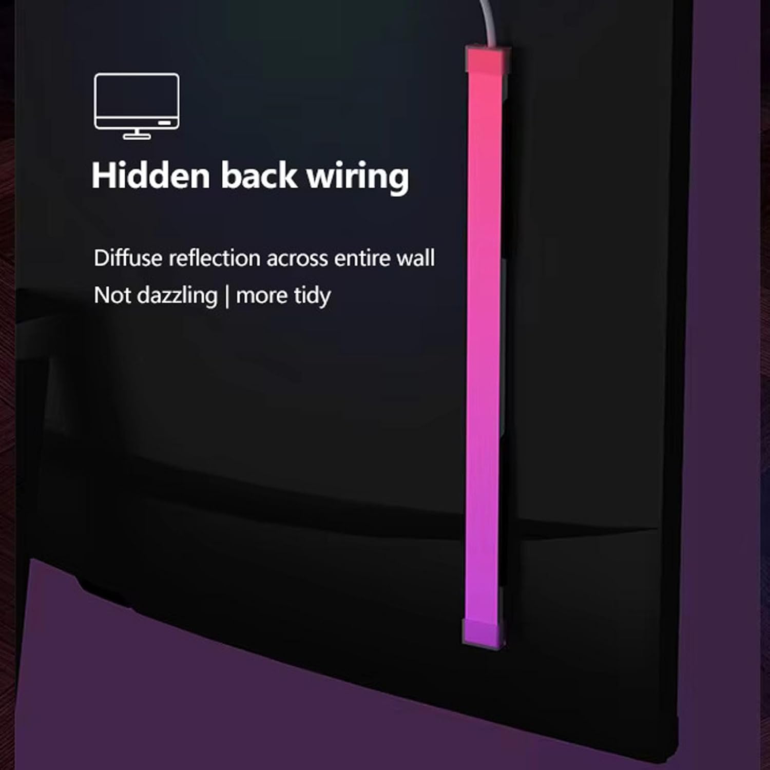 Close-up of the hidden back wiring of the LED light strip on a monitor.